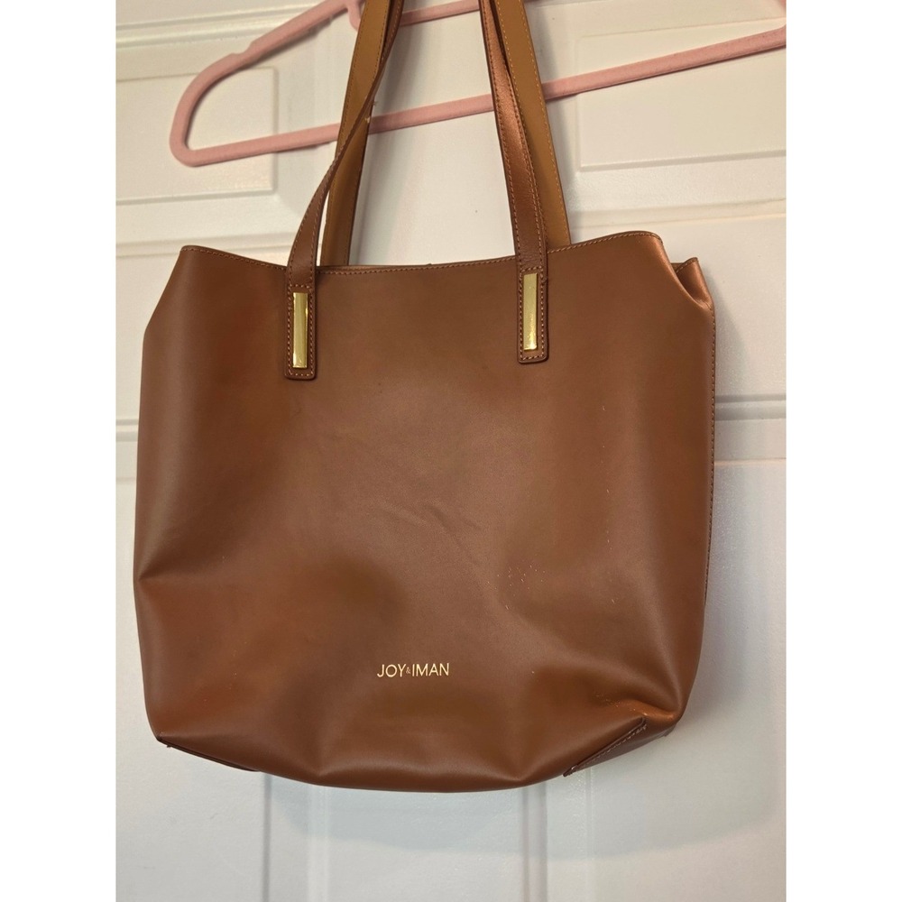 Joy & Iman Brown Faux Leather Tote Bag with Removable Organizer Gold Hardware